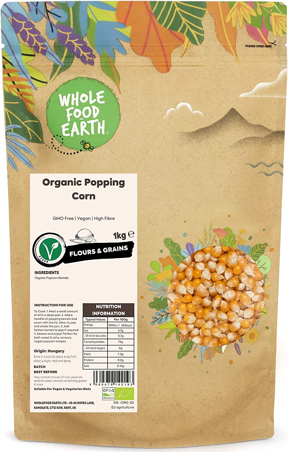 Wholefood Earth ORGANIC Popping Corn (JAN 23) 1kg RRP £5.78 CLEARANCE XL £1.50